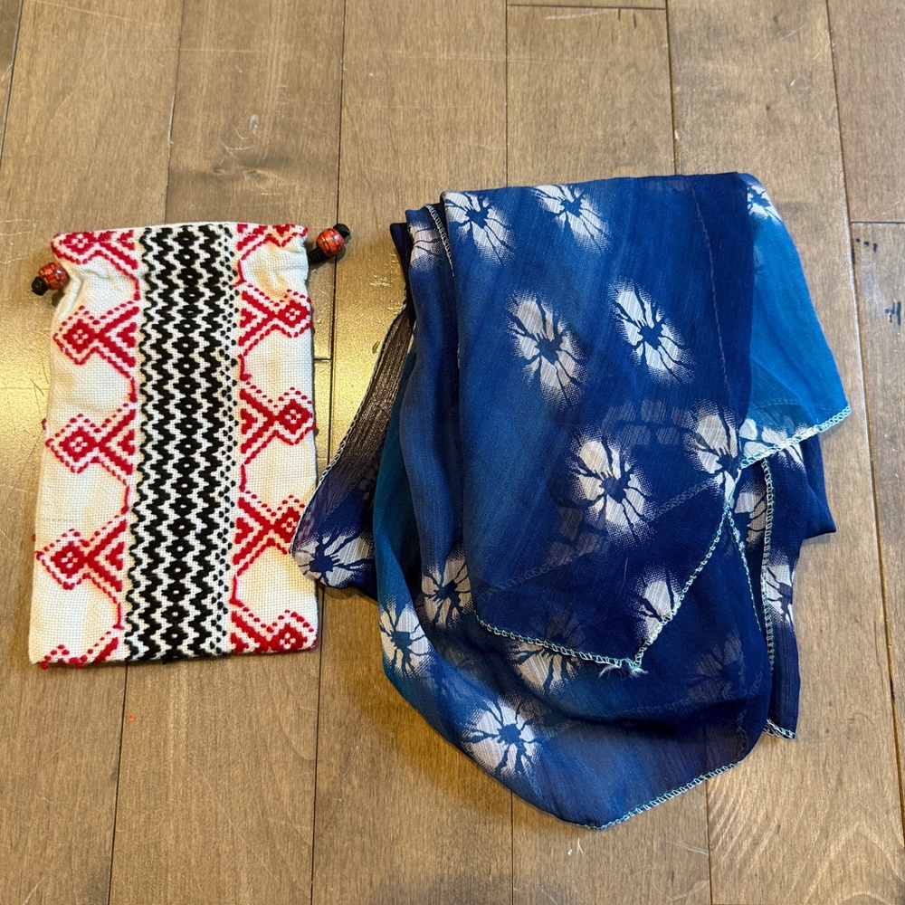Blue Tie-Dye Scarf with Beaded Pouch